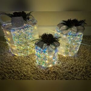 NEW 3 Piece Set Iridescent Christmas Present Gifts Boxes Light Up Holiday Decor